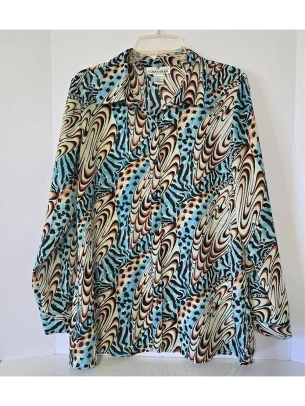 Donna Gray Vintage Button-Up Shirt with Abstract Animal Print Pattern Size L
